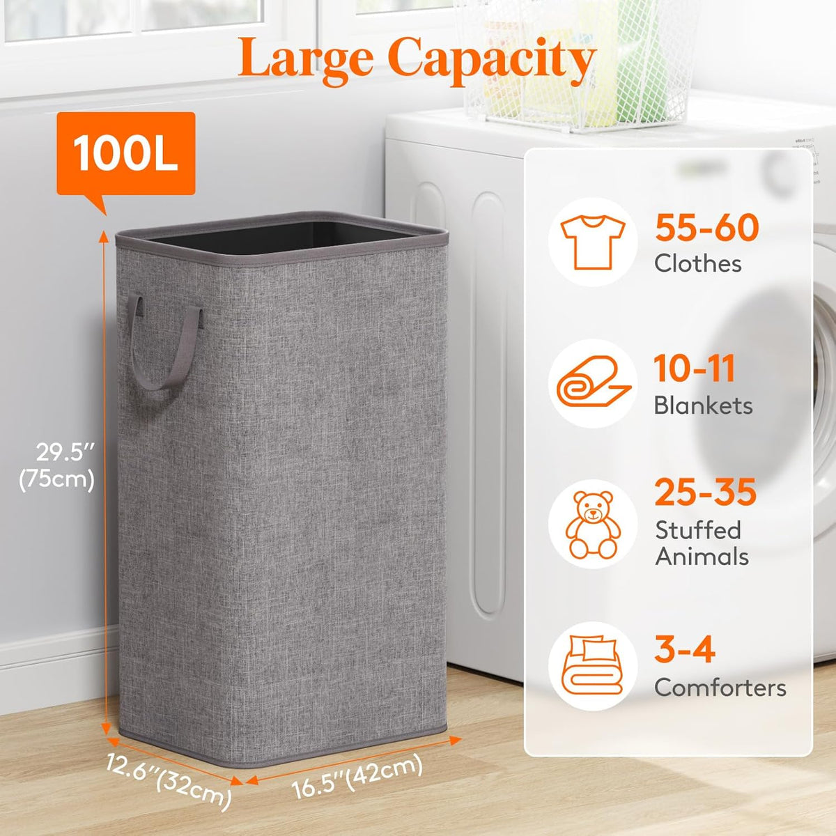 Lifewit 100L Large Tall Laundry Hamper, Collapsible Laundry Basket with Handles, Foldable Clothes