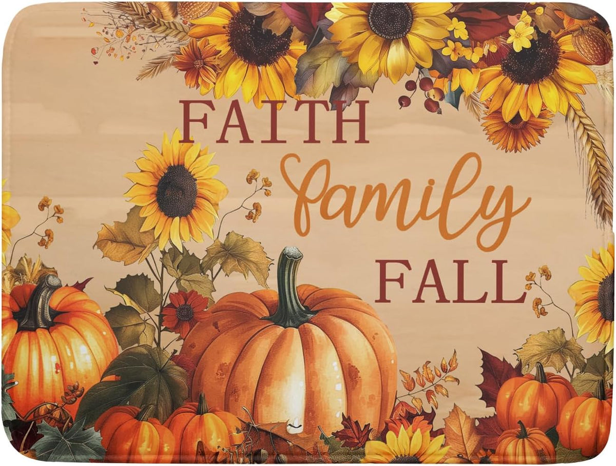 Fall Pumpkin Sunflower Dish Drying Mat 18”x24” Faith Family Fall Drying Mat for Kitchen Counter