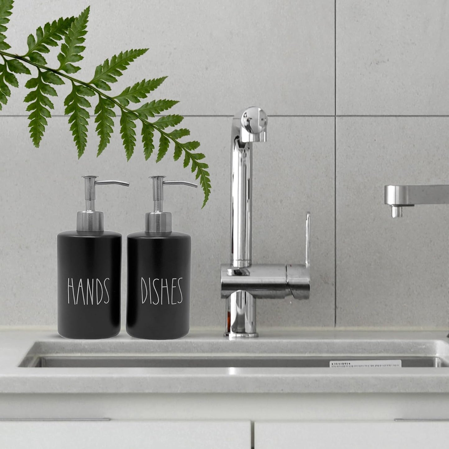 Modern Farmhouse Ceramic Dishes and Hands Soap Dispenser Set for Kitchen | Stainless Steel Pumps |
