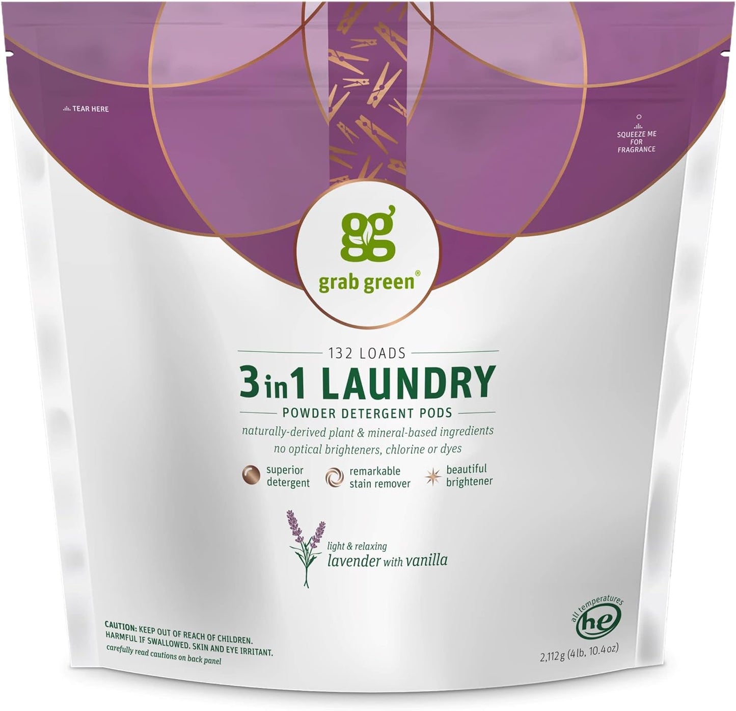 Grab Green 3-in-1 Laundry Detergent Pods, 132 Count, Lavender Vanilla Scent, Plant and Mineral