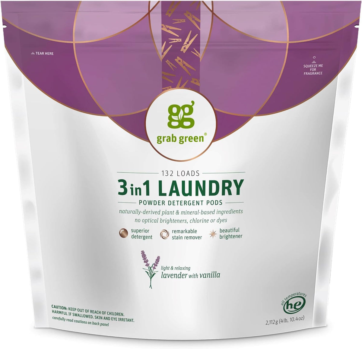 Grab Green 3-in-1 Laundry Detergent Pods, 132 Count, Lavender Vanilla Scent, Plant and Mineral