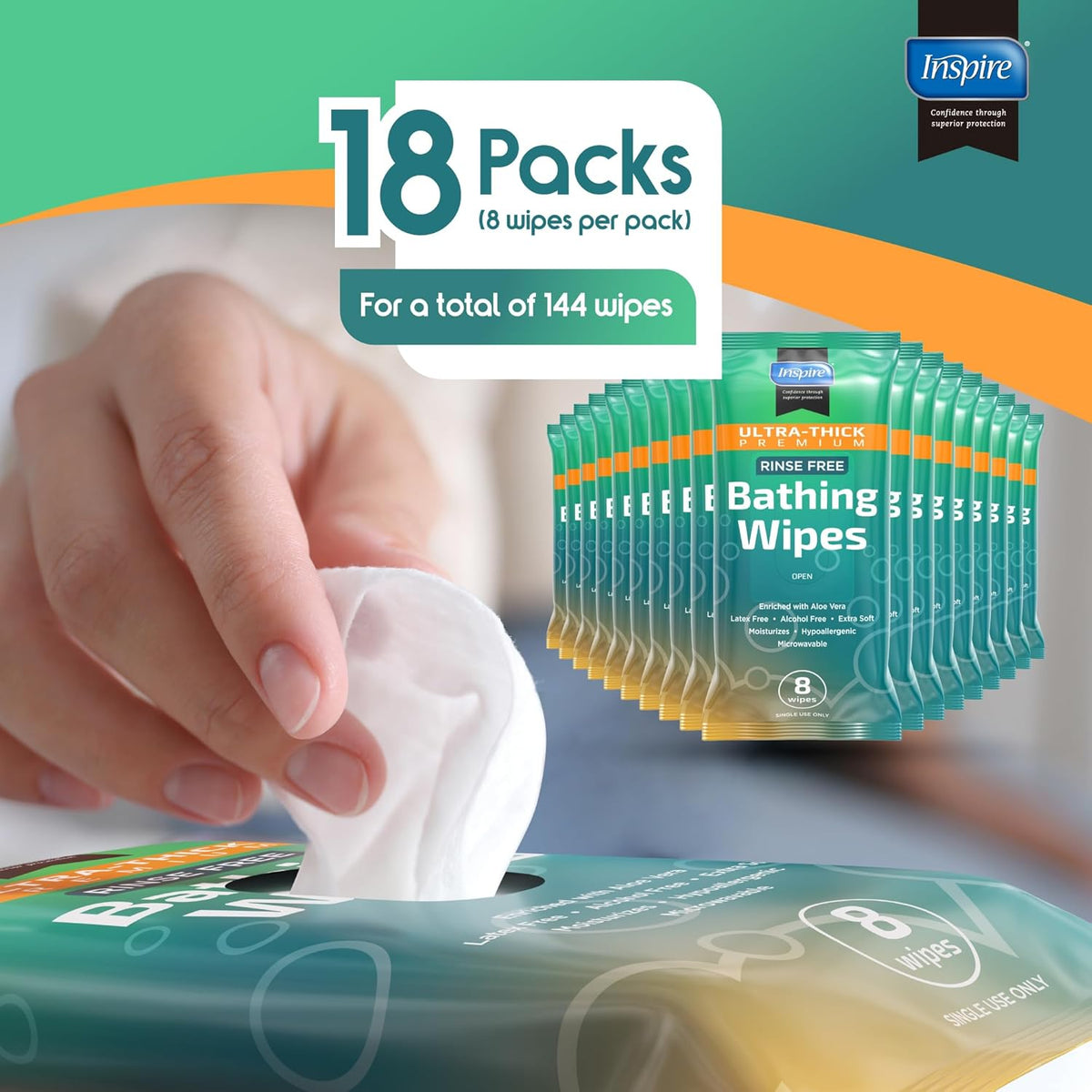 Inspire Ultra Thick Rinse Free Body Wipes, Bathing Wipes, Rinse Free Wet Wipes, Thick Strong Extra