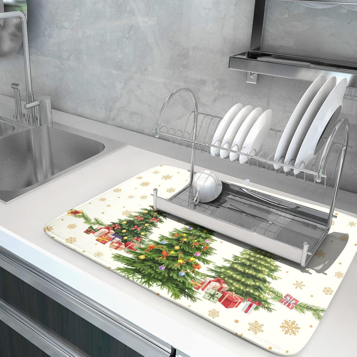 Merry Christmas Dish Drying Mats for Kitchen Counter 16x18 Inch Christmas Tree Dish Drainer Mats
