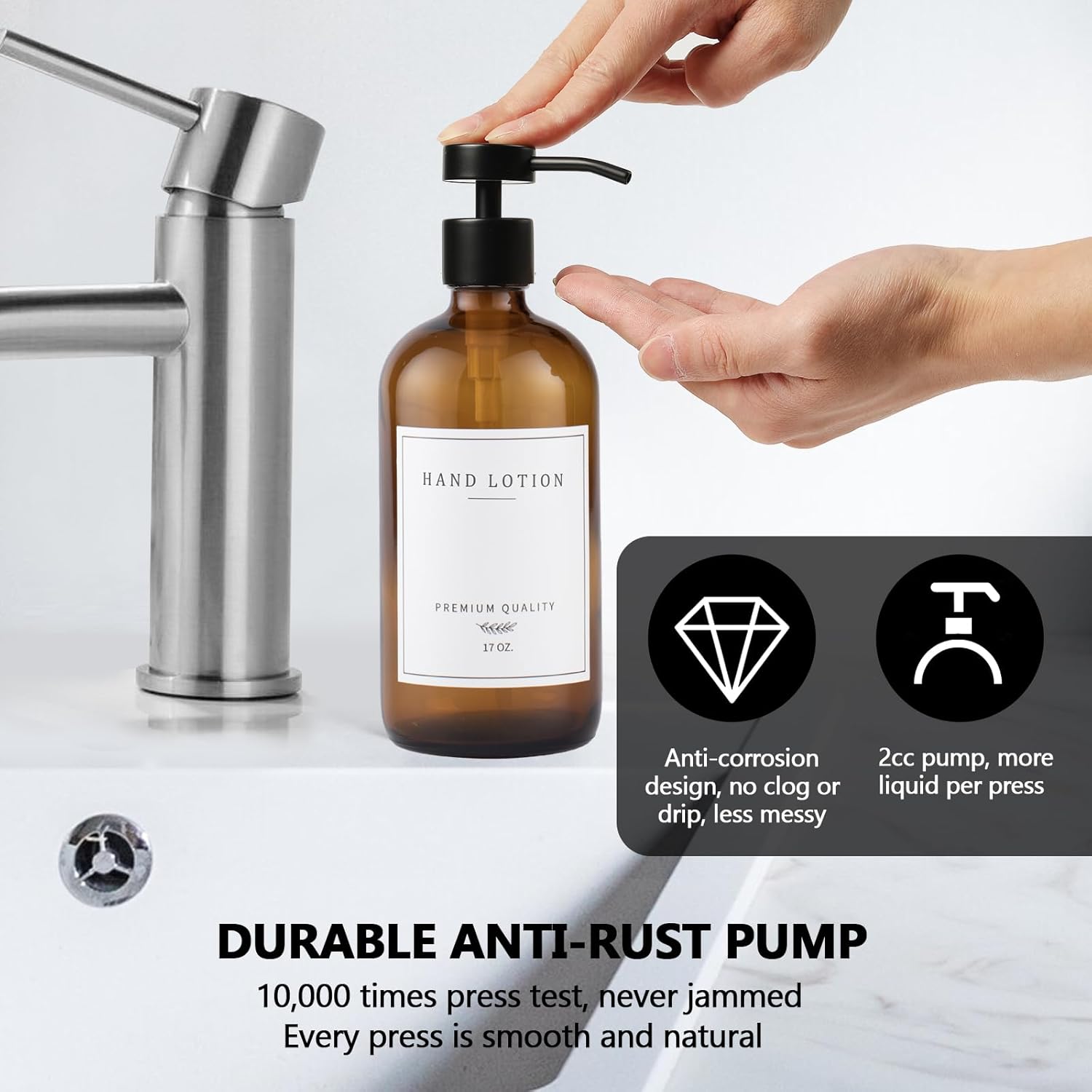 Amber Glass Soap Dispenser - Dish Hand Soap Dispenser for Kitchen, Bathroom Soap Lotion Dispenser