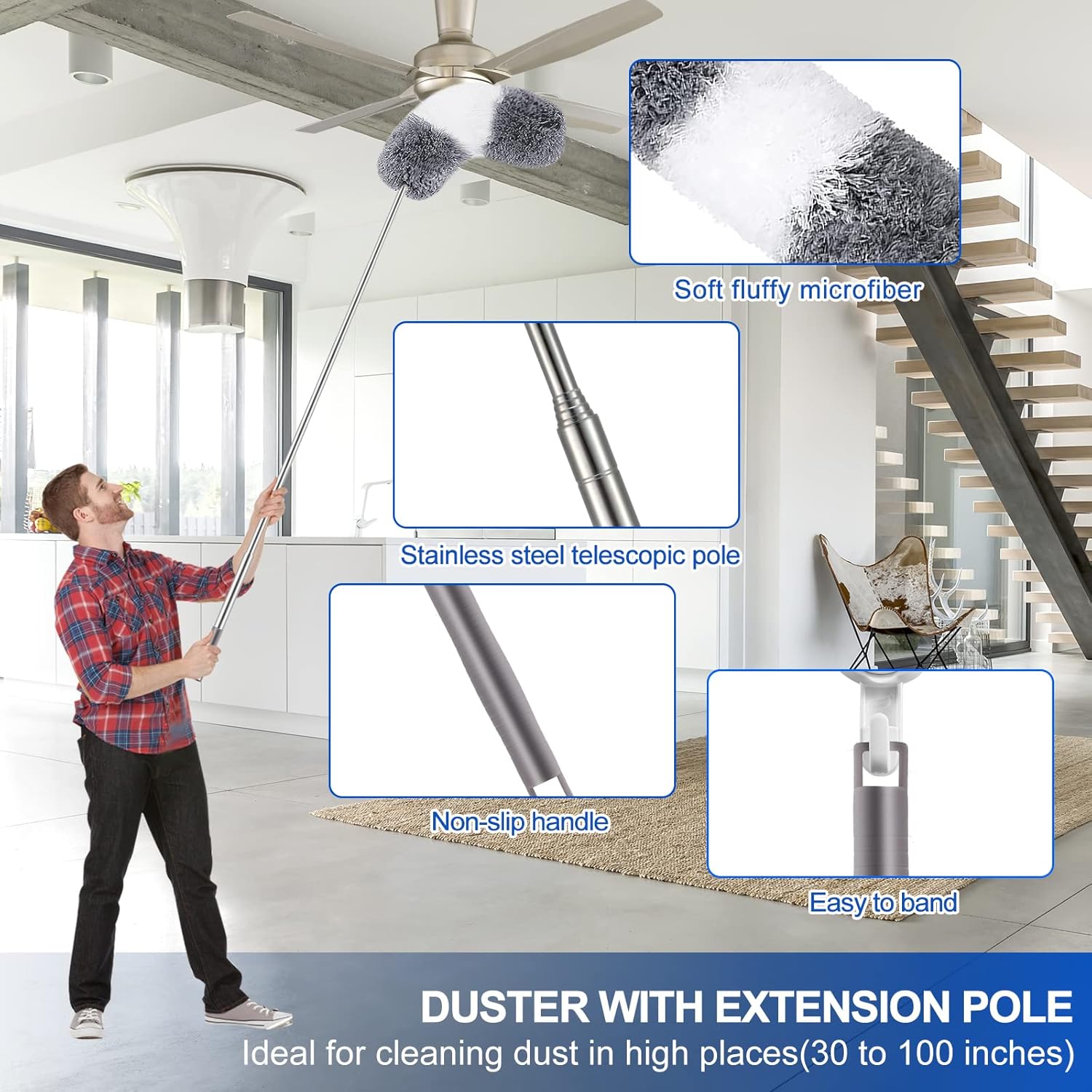 Microfiber Duster Kit (11PCS) - Washable Dusters with Extension Pole (30 to 100 in) for Cleaning