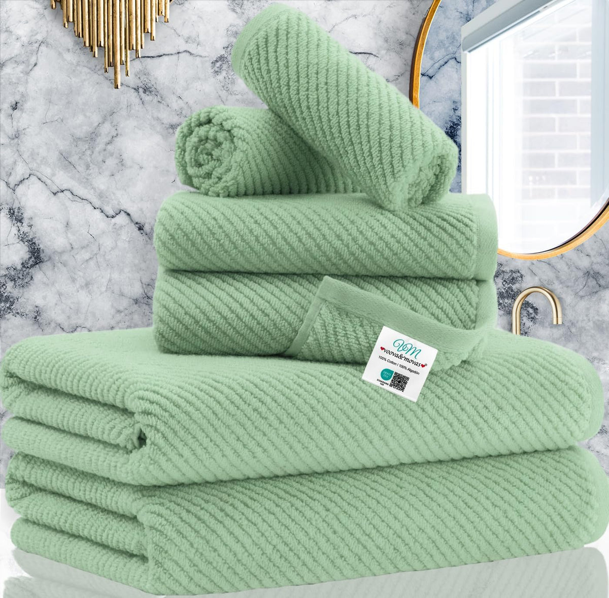 VOOVA & MOVAS Green Towels for Bathroom - 100% Cotton | Quick Dry | Lightweight | Thick | Soft, 6