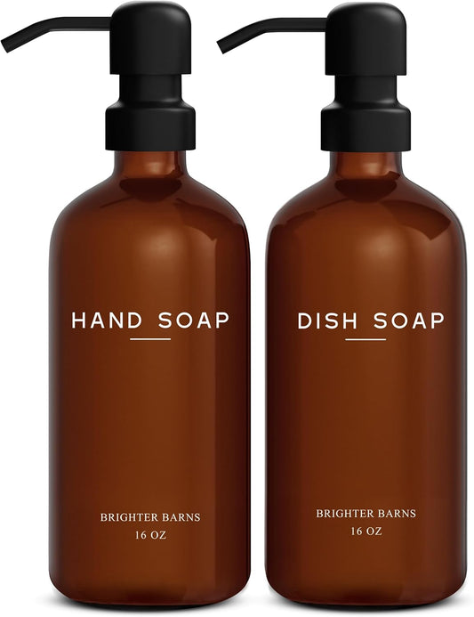 Amber Glass Hand and Dish Soap Dispenser Set by Brighter Barns - Modern Kitchen Decor & Accessories