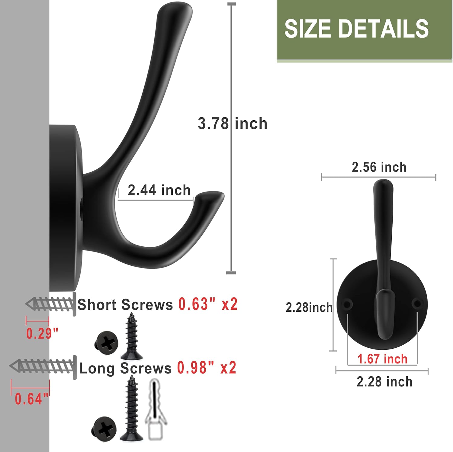 Matte Black Wall Hooks, 4 Pack Heavy Duty Coat Towel Hook Metal Double Backpack Hook Wall Mounted