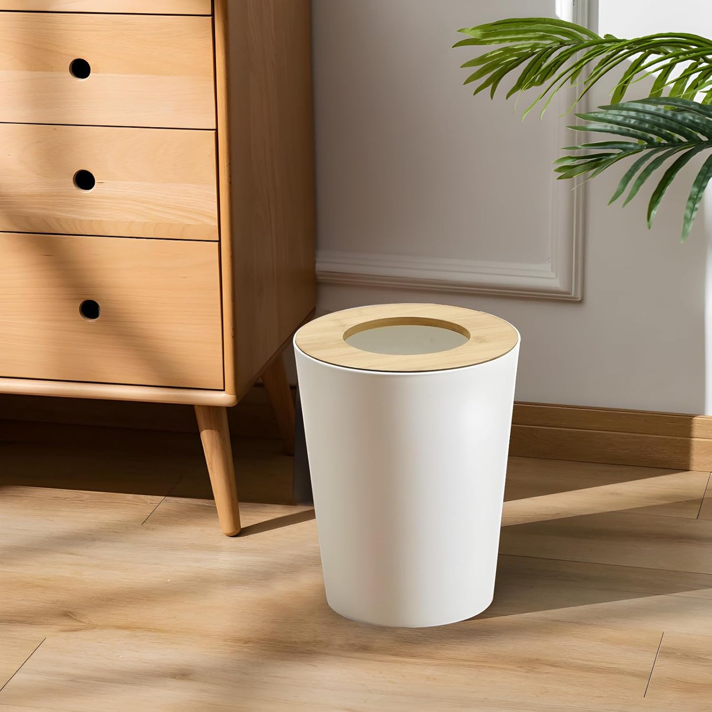 White Trash Can for Bedroom with Bamboo Lid, 2.4 Gallon Open Top Trash Can 2 Pack, Modern Aesthetic