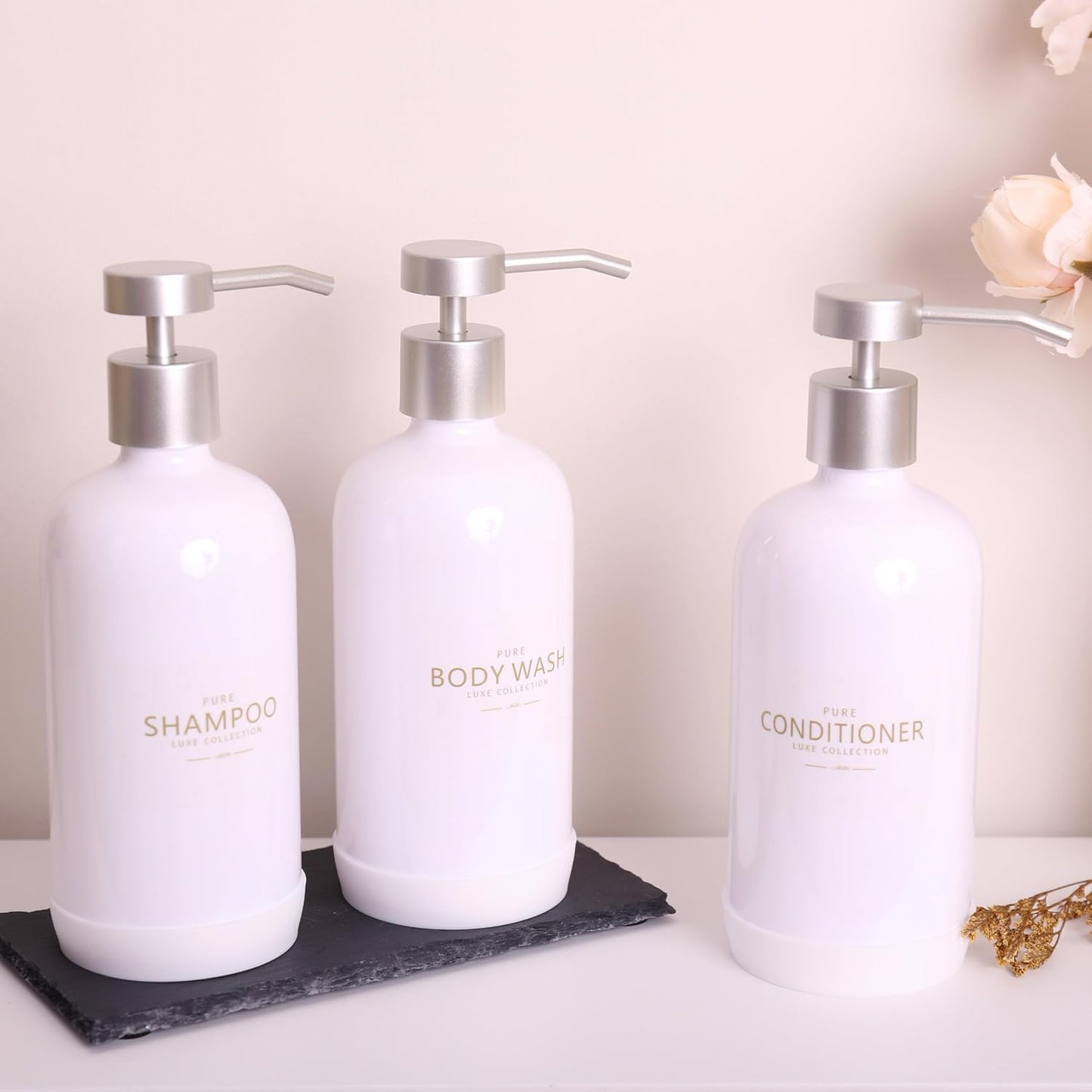 Shampoo and Conditioner Dispenser Set of 3,Refillable 21oz Shampoo Bottles with Non-Slip Protective