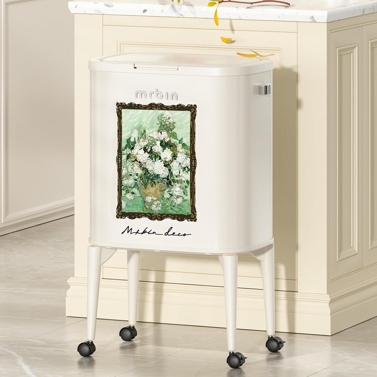 MRBIN Metal Kitchen Trash Can with Wheel Legs, 36L / 9.5gal Medium Press Lid Slim Removable Waste