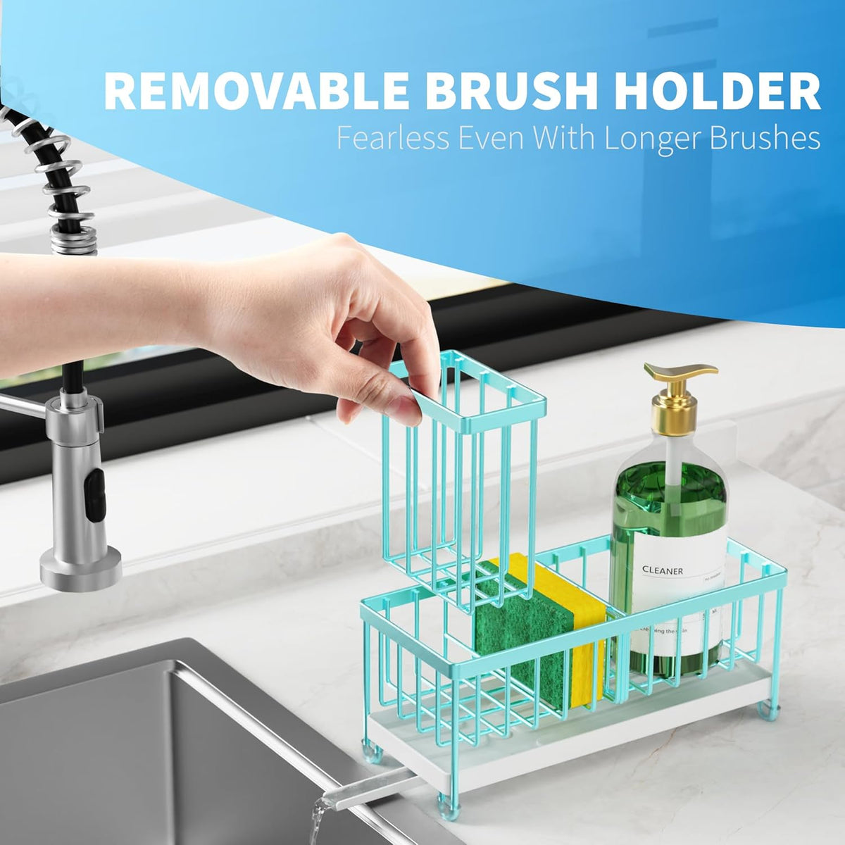 Cisily Turquoise Sponge Holder for Kitchen Sink, Sink Caddy Organizer with High Brush Holder