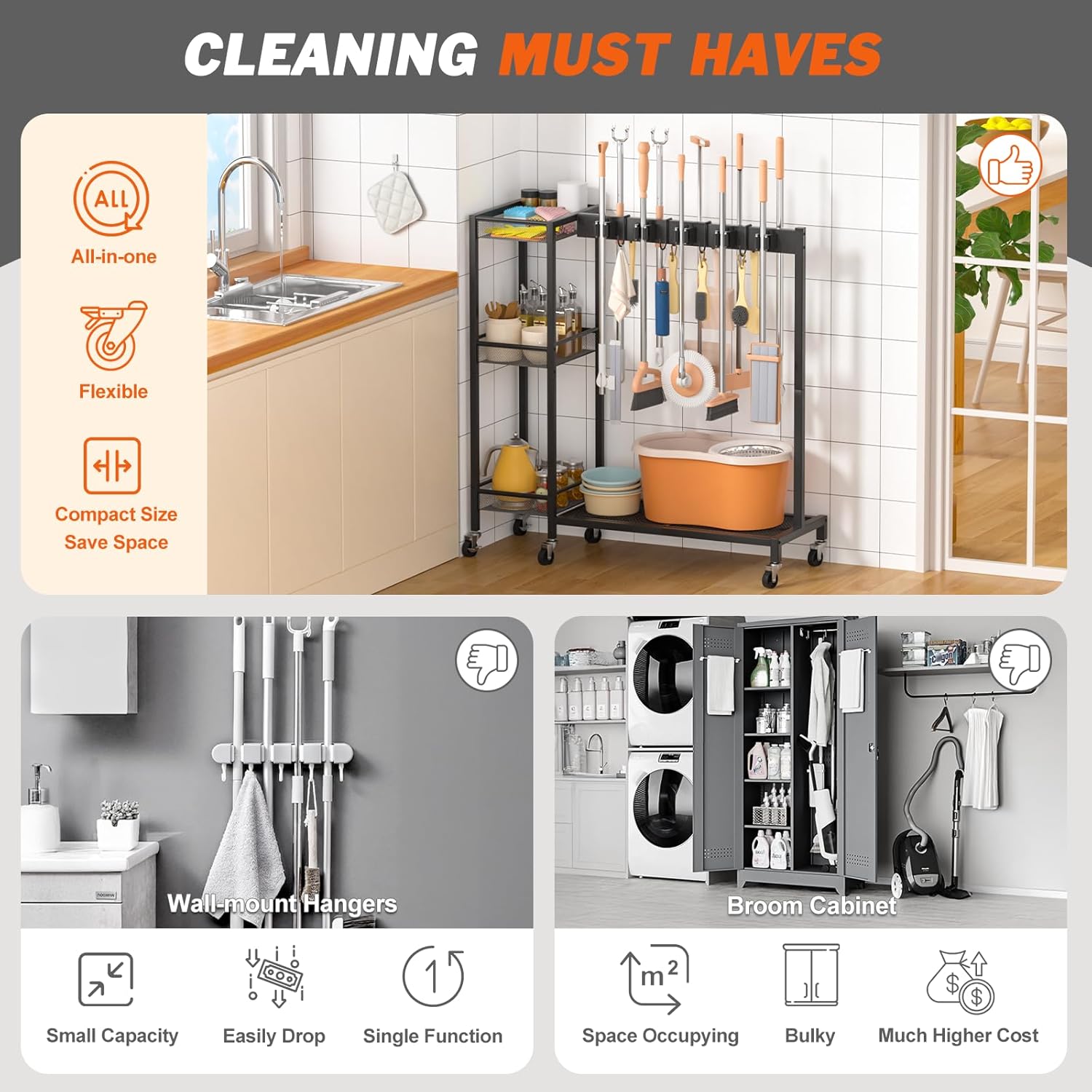 Broom Holder with Cleaning Supplies Organizer, Broom Closet Storage Cabinet with Cleaning Caddy