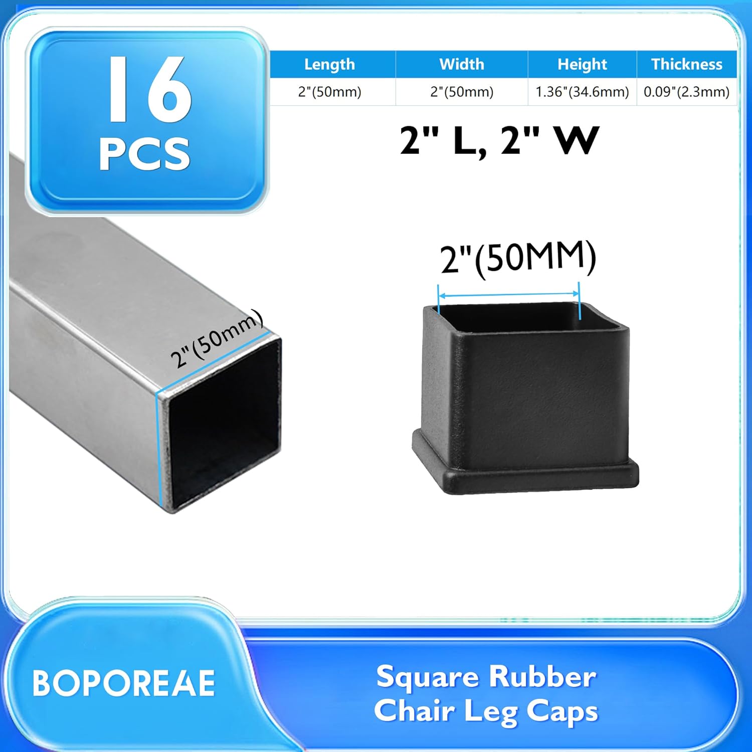 16 Pcs 2" x 2" Square Rubber Chair Leg Caps, PVC Table Leg Covers, Flexible & Anti-Slip Furniture