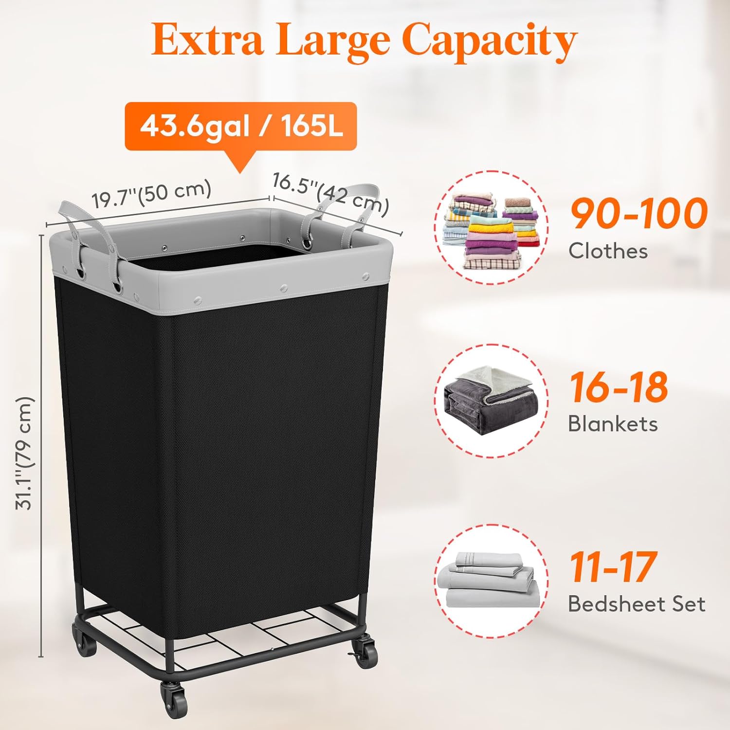 Lifewit 165L Laundry Basket with Wheels, Large Heavy Duty Commercial Rolling Laundry Hamper with