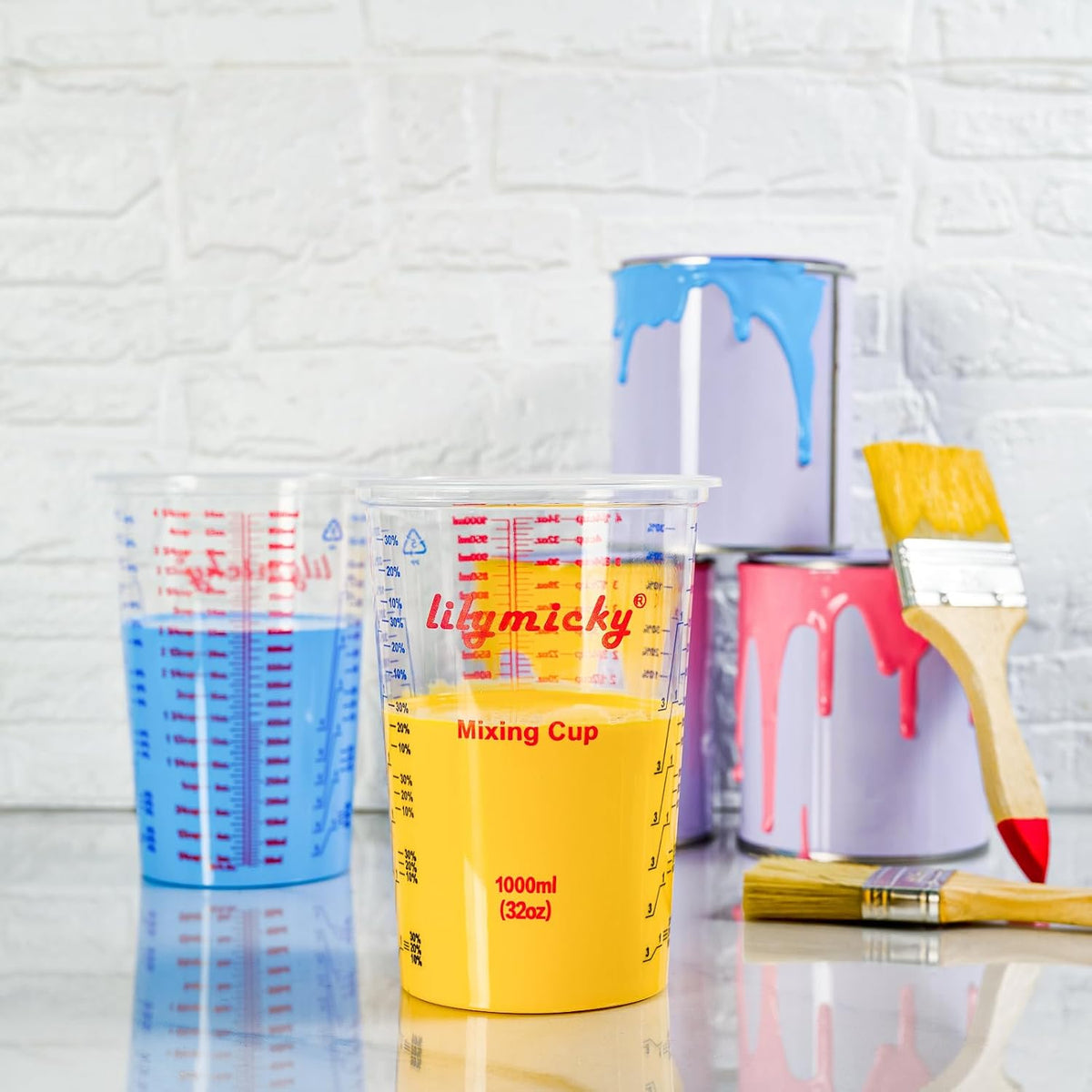 25 PACK Plastic Measuring Cups, 32 oz (1000ml) Disposable Mixing Cups, Measurement ratios: 2:1