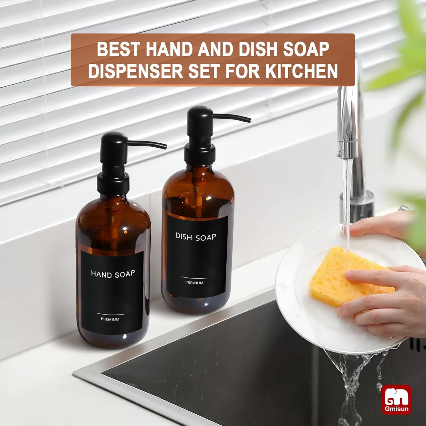 GMISUN Amber Glass Soap Dispenser, 2 Pack Bathroom Hand Soap Dispensers with Stainless Steel Pump