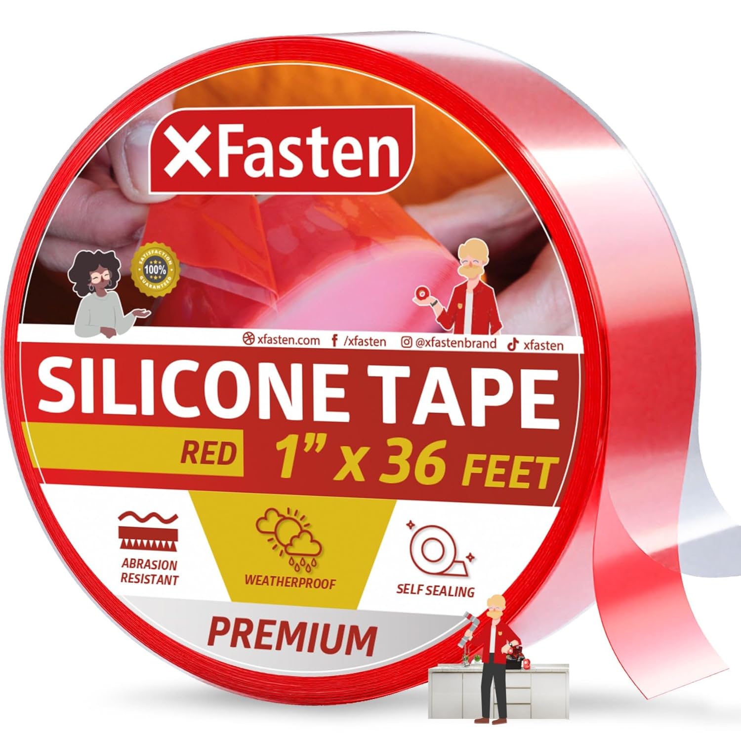 XFasten Self Fusing Silicone Tape Waterproof – 1" x 36 Feet Red, Self Amalgamating Tape, Silicone