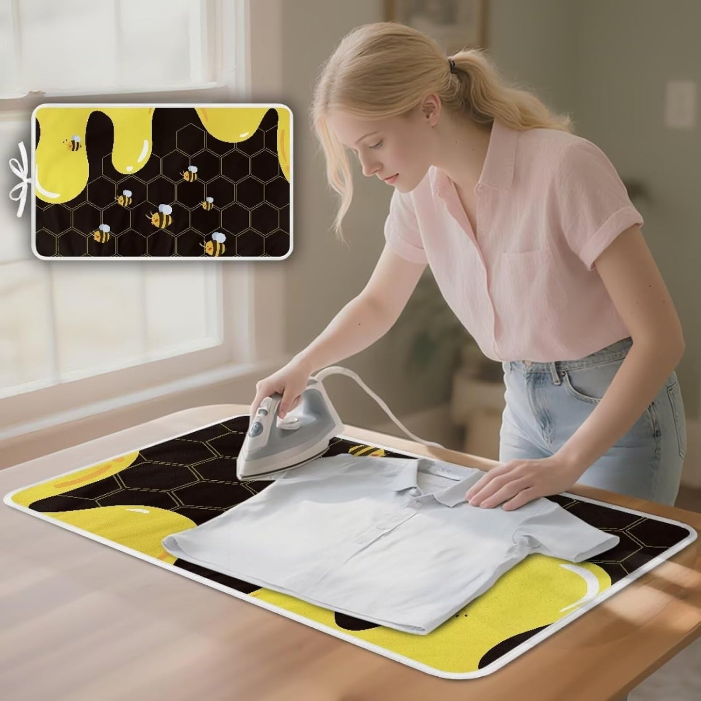 Cute Ironing Mat for Table top Washer,Dryer,Countertop,Bee Portable Iron Pad Blanket for Washer