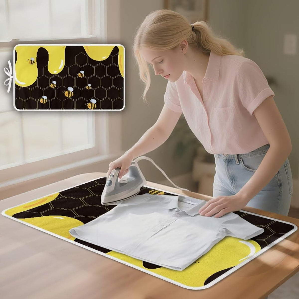 Cute Ironing Mat for Table top Washer,Dryer,Countertop,Bee Portable Iron Pad Blanket for Washer