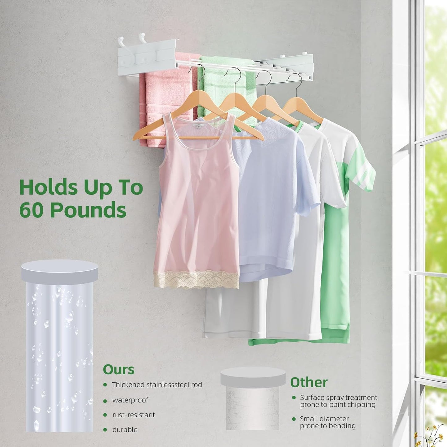 Wall Mounted Clothes Drying Rack for Laundry 23.6", Folding Clothes Drying Rack with 4 Towel Hooks