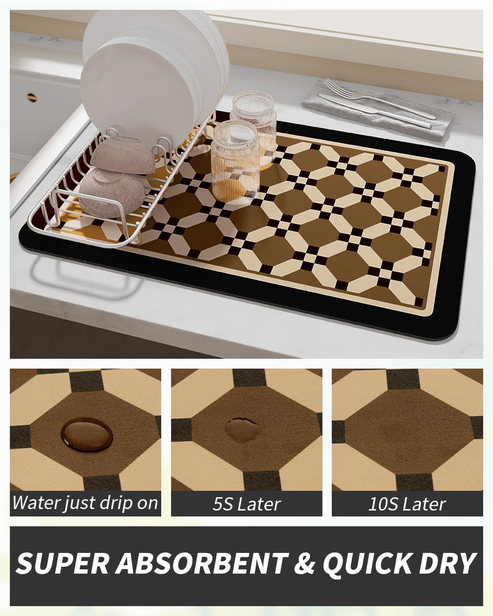 AMOAMI Coffee Mat Hide Stain Rubber Backed Absorbent Dish Drying Mat for Kitchen Counter - Fits