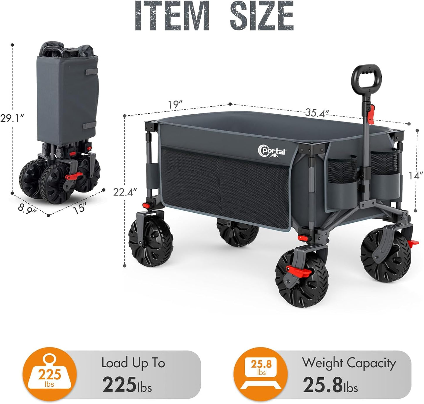 PORTAL Collapsible Wagon with Brakes, Heavy Duty Utility Cart with All-Terrain Wheels, Portable