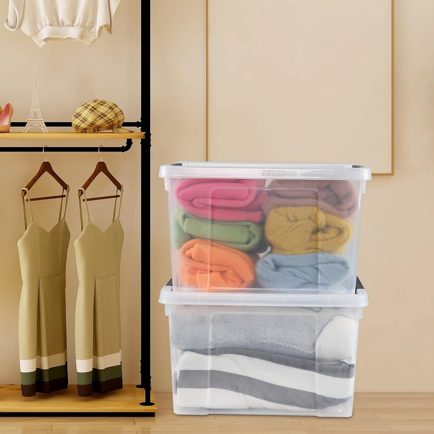 34 L Clear Plastic Storage Bins Box with Lid, Stackable Lidded Storage Bin Container with Wheels