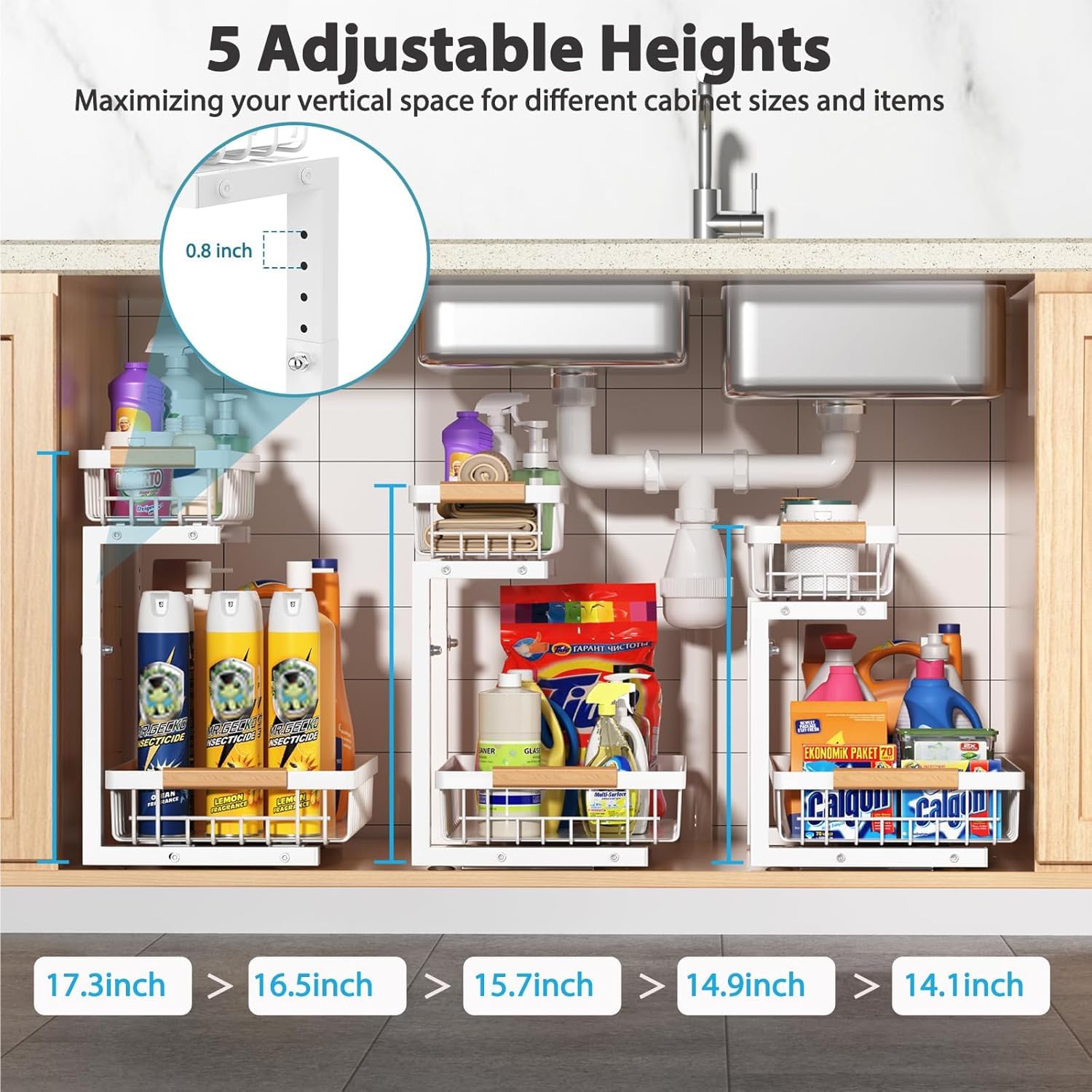 Under Sink Organizer 2 pack, 2 Tier Slide Out Under Sink Organizers And Storage, Height Adjustable
