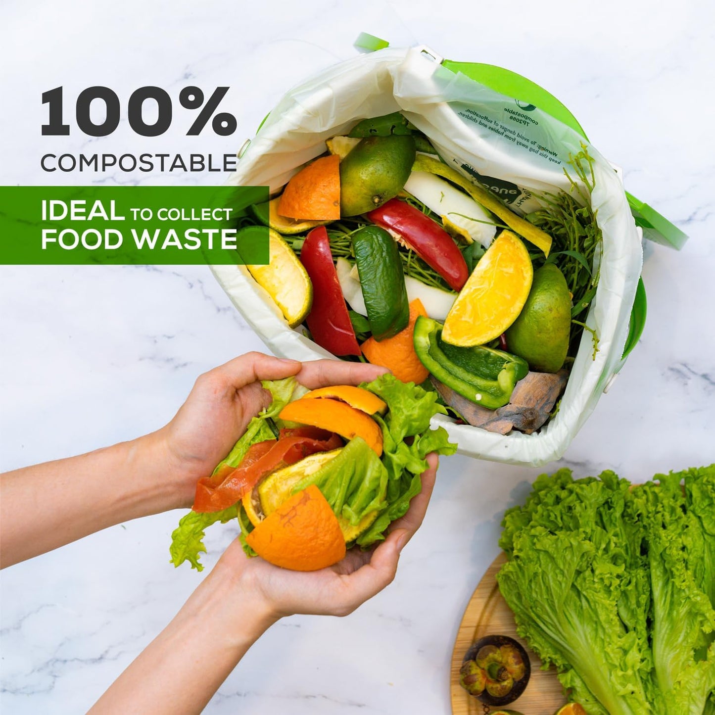 ANECO 100% Compostable Waste Bags 2.6 Gallon (Flat Top Bags, 50 Count) Extra Strong Kitchen Small