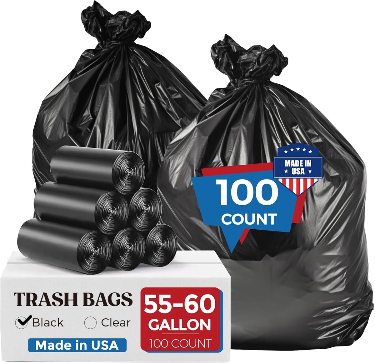 Fuxury 55-60 Gallon Heavy Duty Trash Bags, 100 Count Black Garbage Bags, 23 Mic Thick, 38x58 in