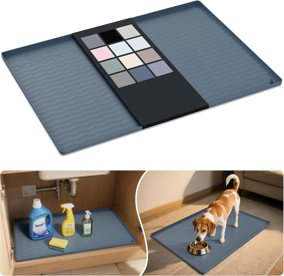 URMONA Waterproof Silicone Under Sink Mat 34'' x 19'' Shelf Liner for Kitchen and Bathroom, Cabinet