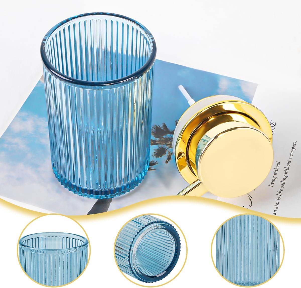 Blue Foaming Soap Dispenser, 12 Oz Glass Foaming Hand Soap Dispenser with Gold Pump, Bathroom