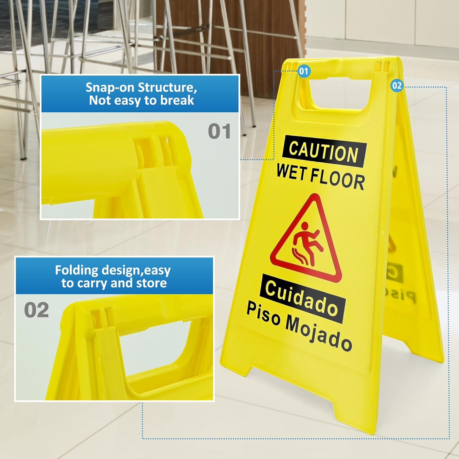 2 Pack Caution Wet Floor Sign, 17.5" Height, Bright Yellow, Double-Sided A-Frame Safety Caution