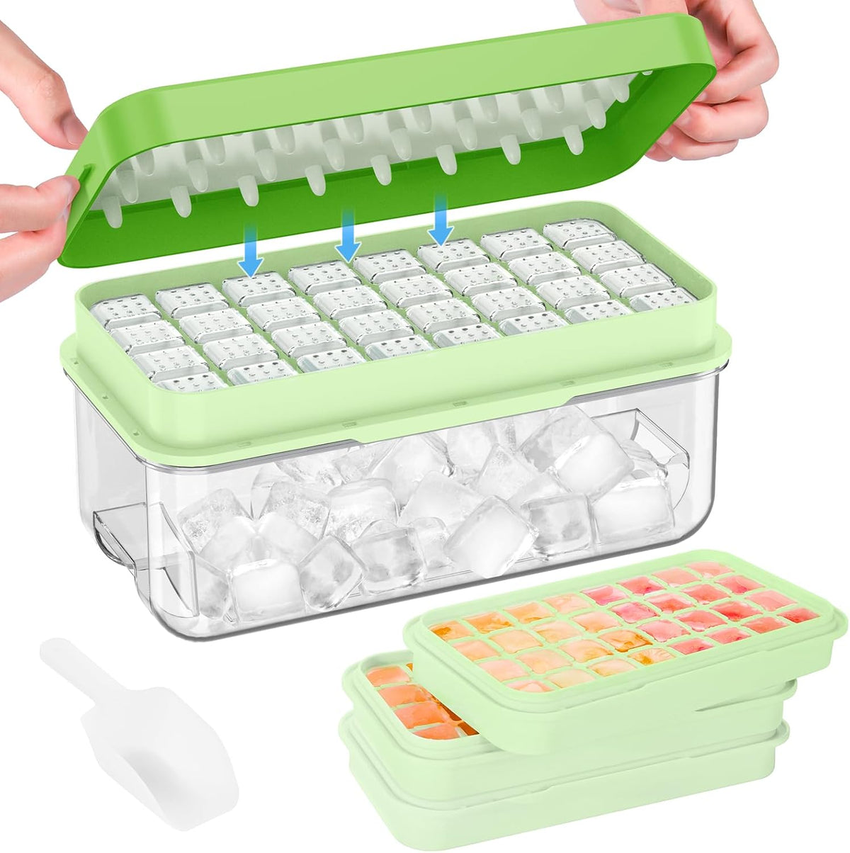 PHINOX Ice Cube Tray with Lid and Bin, 3 Pack Plastic Ice Cube Tray Molds, 96(4 * 8 * 3) pcs Ice