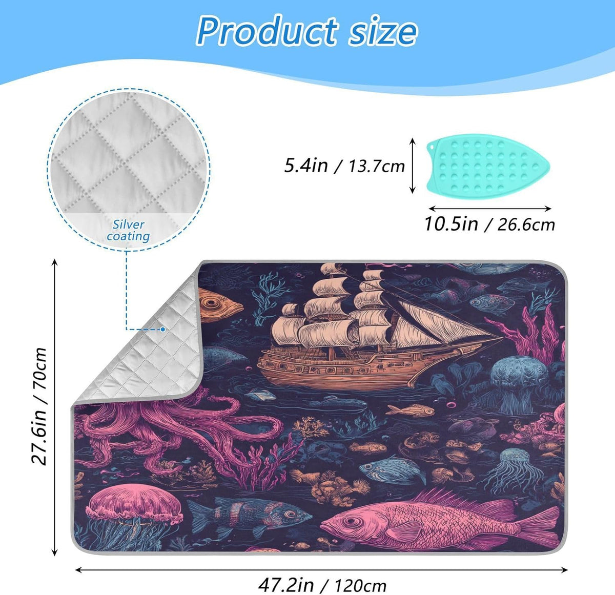 Red Blue Pirate Ship and Fish Ironing Mat Thickened Ironing Blanket Travel Portable Double-Side