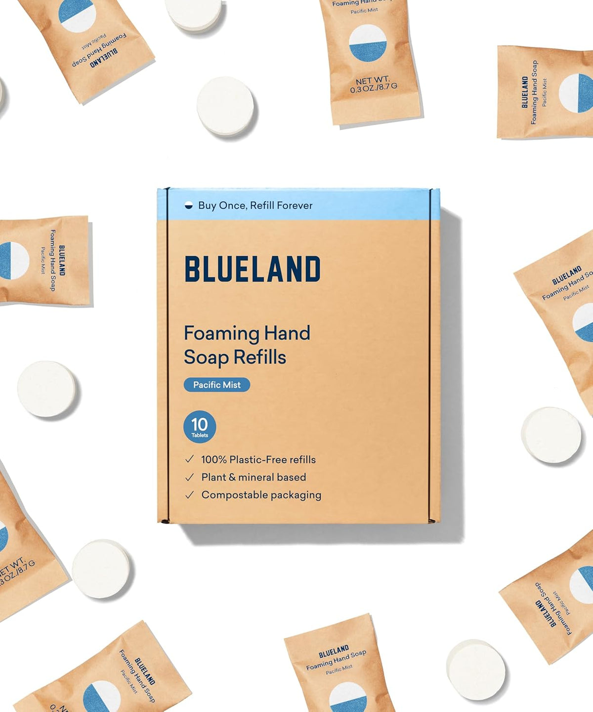 BLUELAND Foaming Hand Soap Refill Tablets, 10-Pack, Pacific Mist Scent, Eco Friendly Cleaning