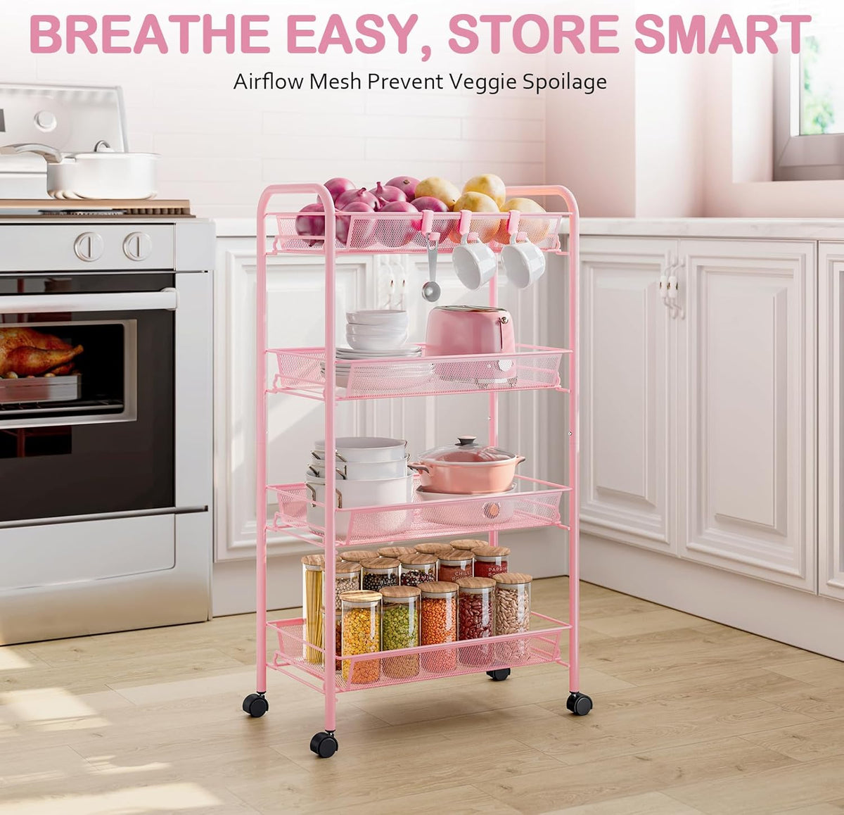 TOOLF 4 Tier Rolling Utility Cart - Durable Metal Design Pink Utility Cart, Storage Trolley on