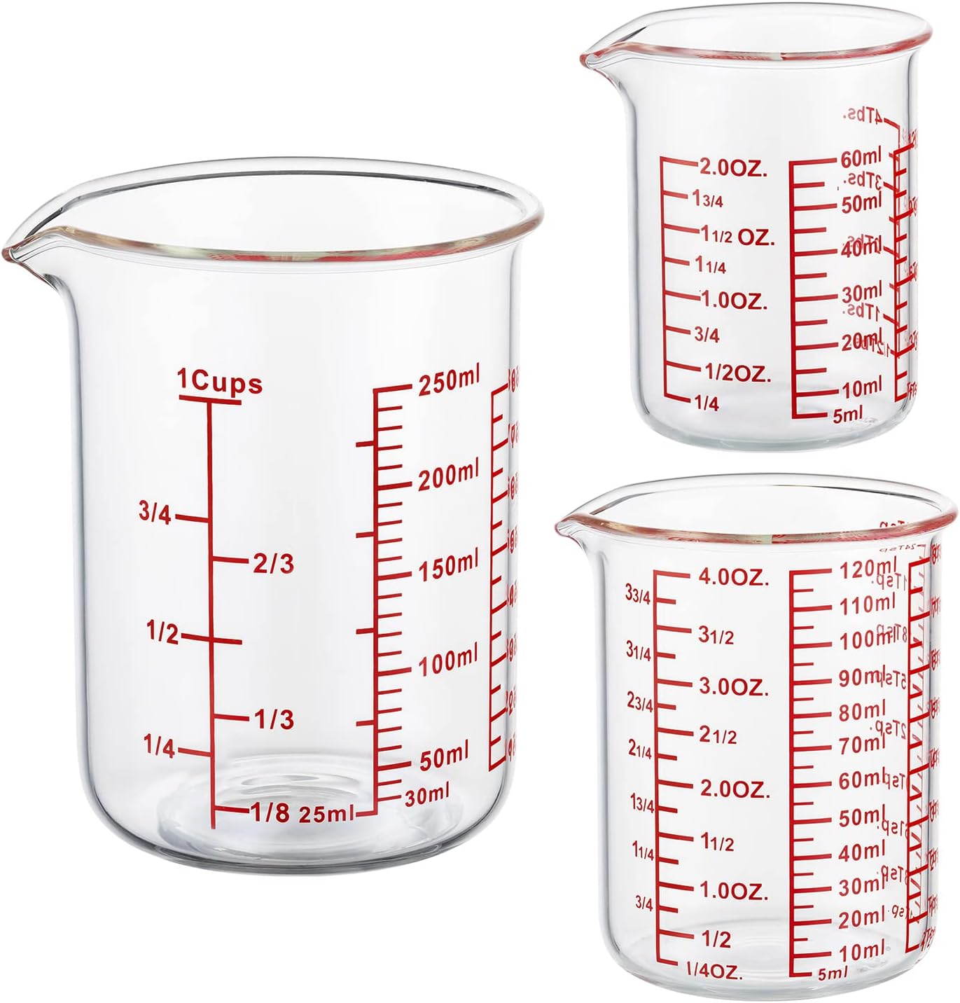 Ackers High Borosilicate Glass Measuring Cup Set with Pour Spout,60ml(2OZ),120ml(4OZ), 250ml(8OZ)