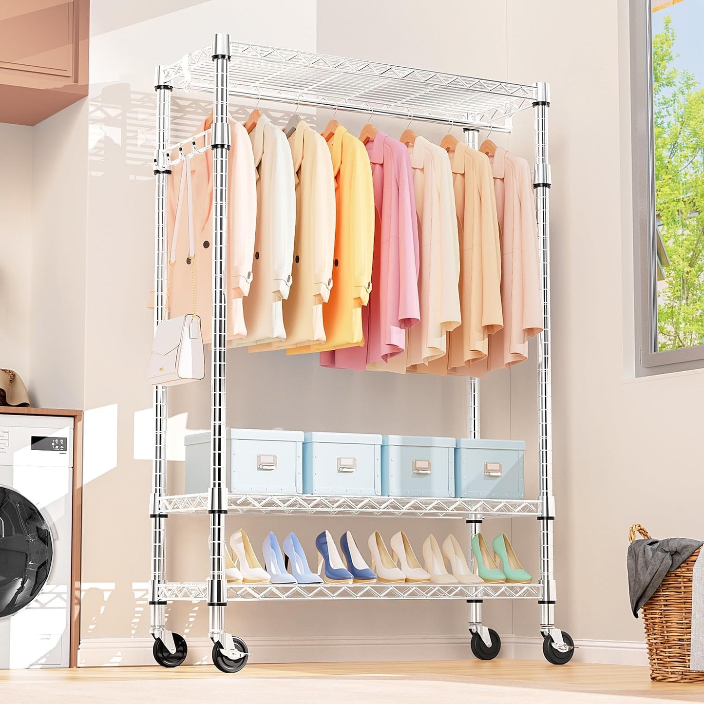 Heavy Duty Rolling Garment Rack 3 Tiers Adjustable Wire Shelving Clothes Rack with Rods and Side