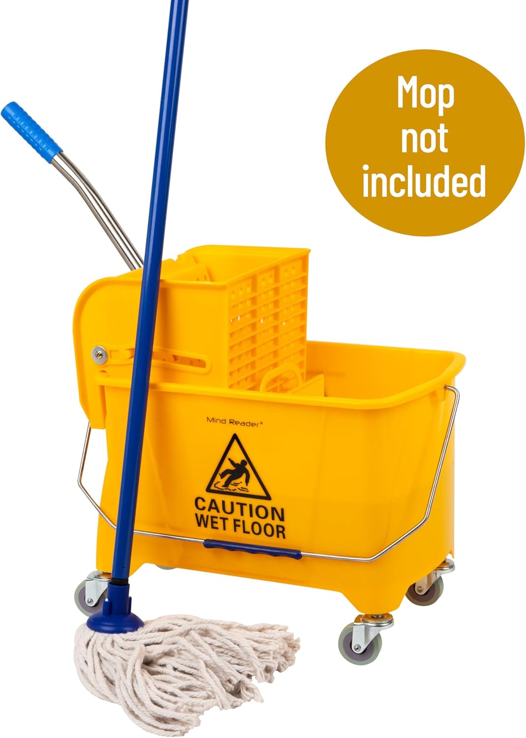 Mind Reader Mop Bucket with Wringer, 22 Qt (5.5 Gallon), Floor Cleaning, Handle, Wheels, 16.25"L x
