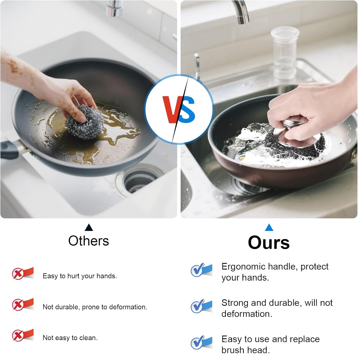 7PCS Steel Wool Scrubber Pads, Stainless Steel Scrubber Set with 1PCS Handle, Metal Scrubbers for