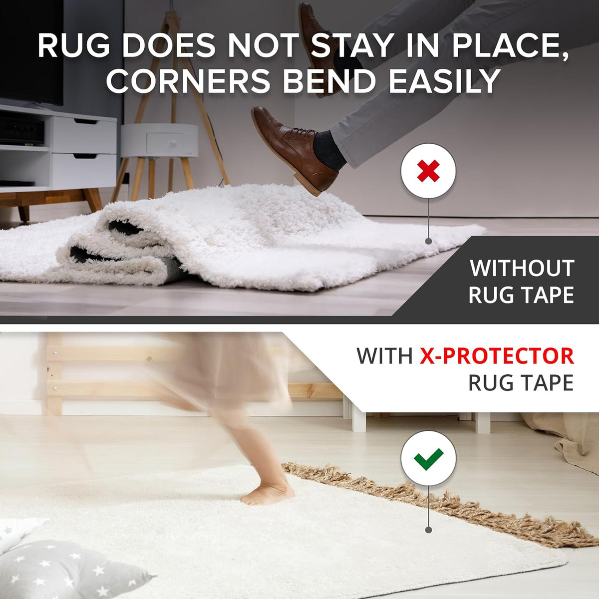 X-Protector Rug Tape - 8 Pcs Set - White Anti-Slip & Anti-Curling Carpet Tape for Hard Floors