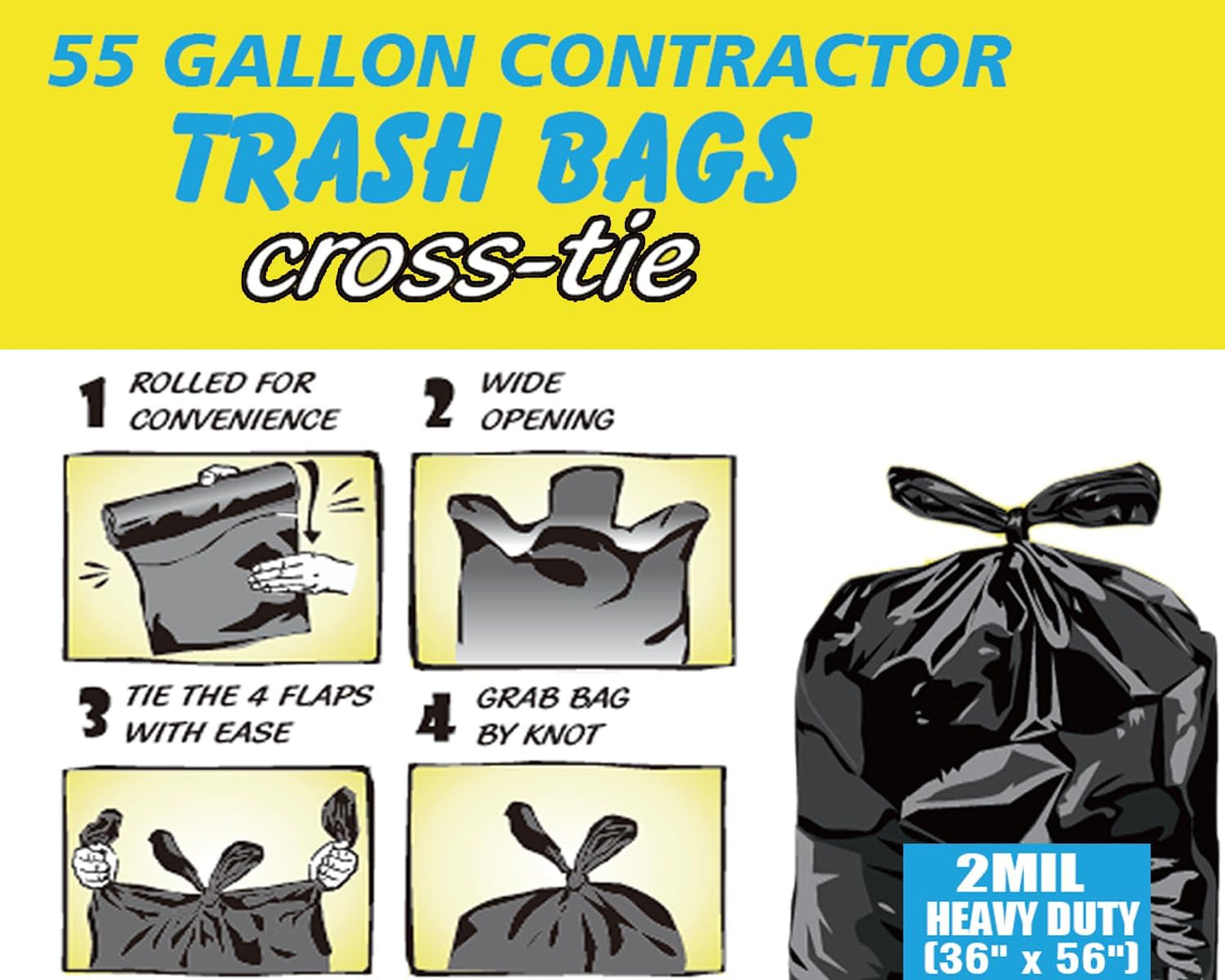 Contractor Heavy Duty Trash Bags 55 Gallon | 26 Count | 2 MIL | 36" X 56" | Large Black Flap Tie