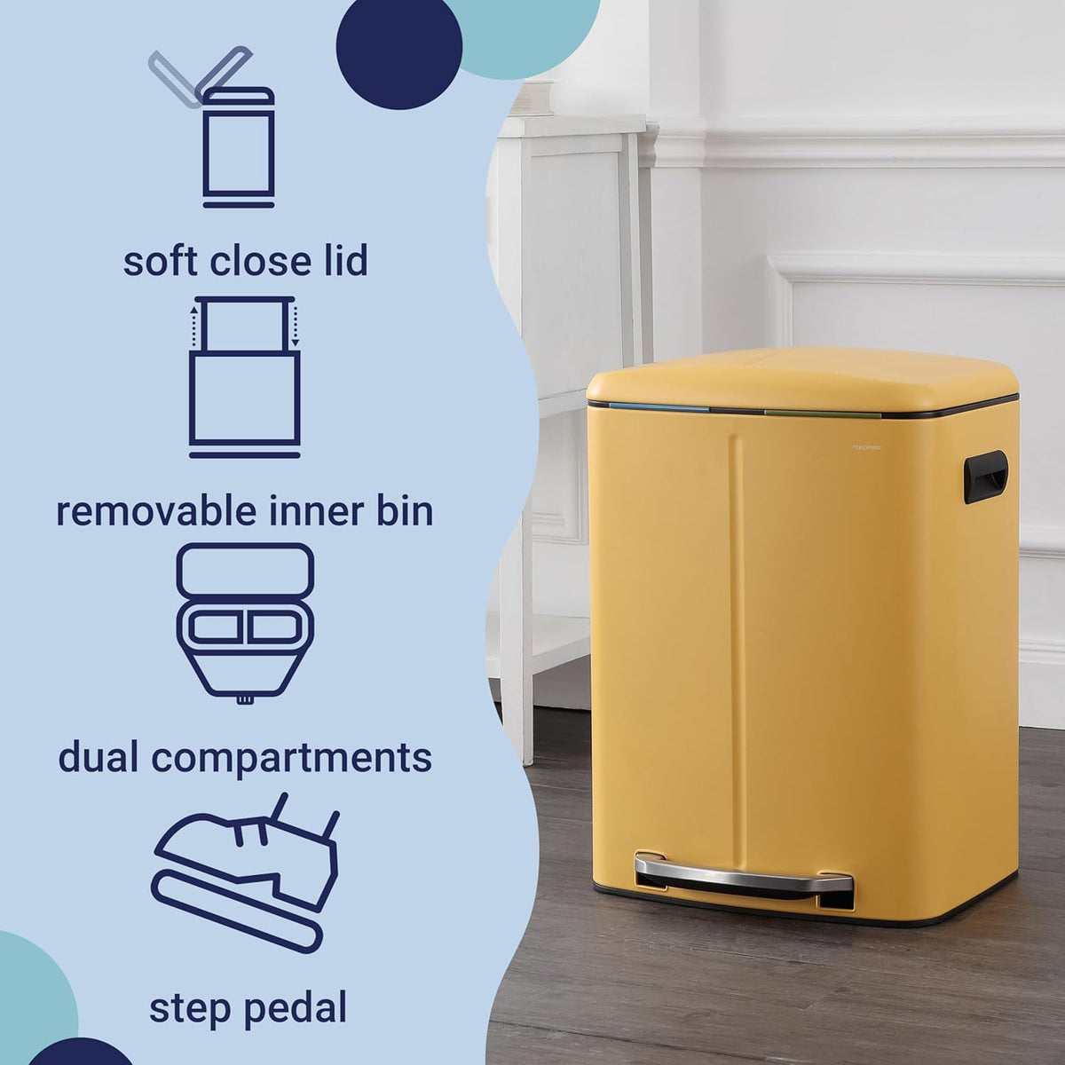 happimess HPM1005L Marco Rectangular 10.6-Gallon Double Bucket Trash Can with Soft-Close Lid