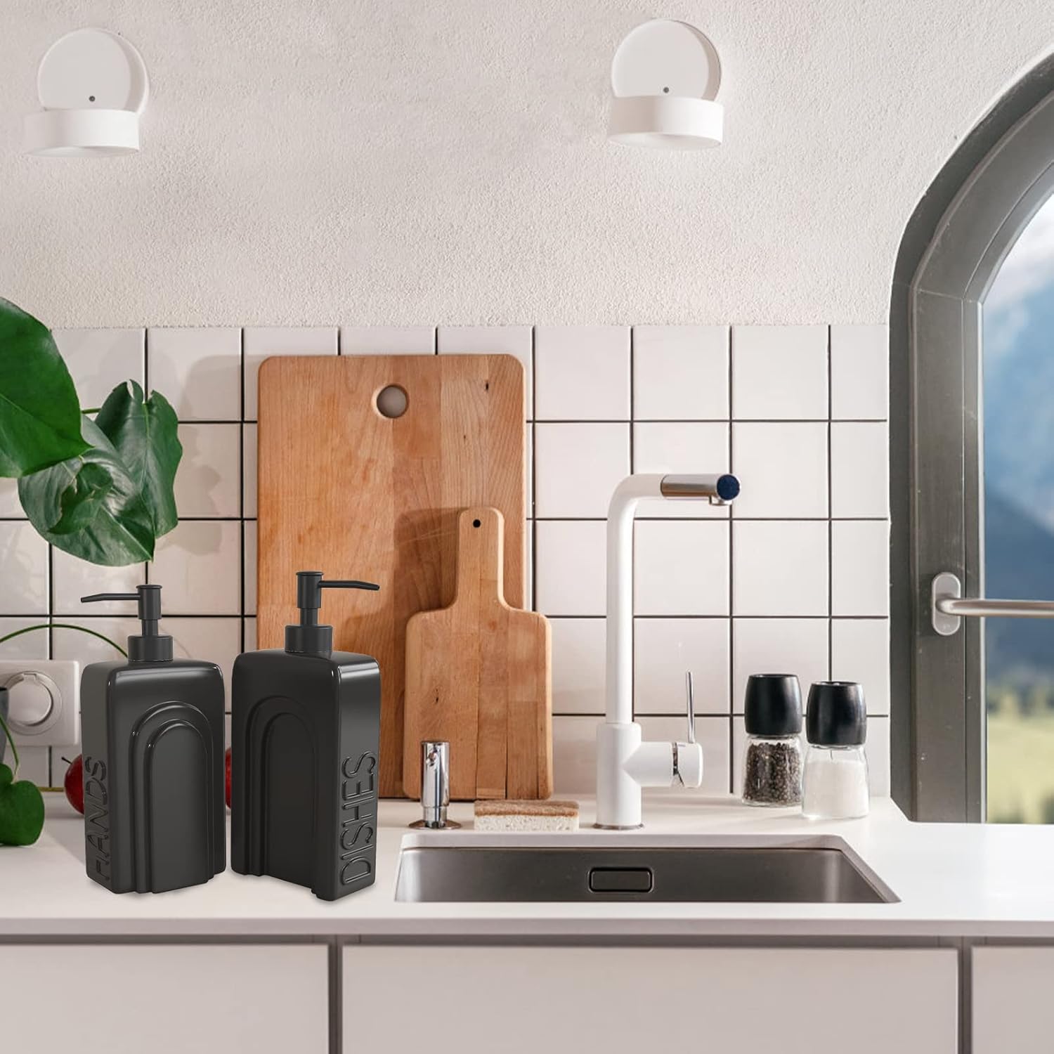 Ceramic Soap Dispenser Set, 2 Pack Kitchen Dispenser with Funnel, Non-Slip Silicone Pads, Liquid