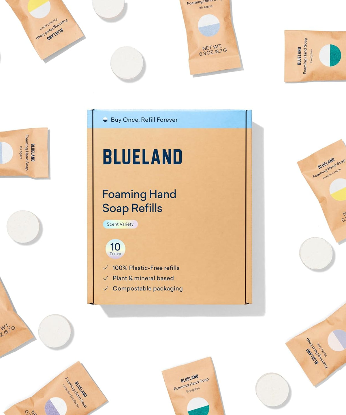 BLUELAND Foaming Hand Soap Refill Tablets, 10-Pack, Variety Pack Scents, Eco Friendly Cleaning