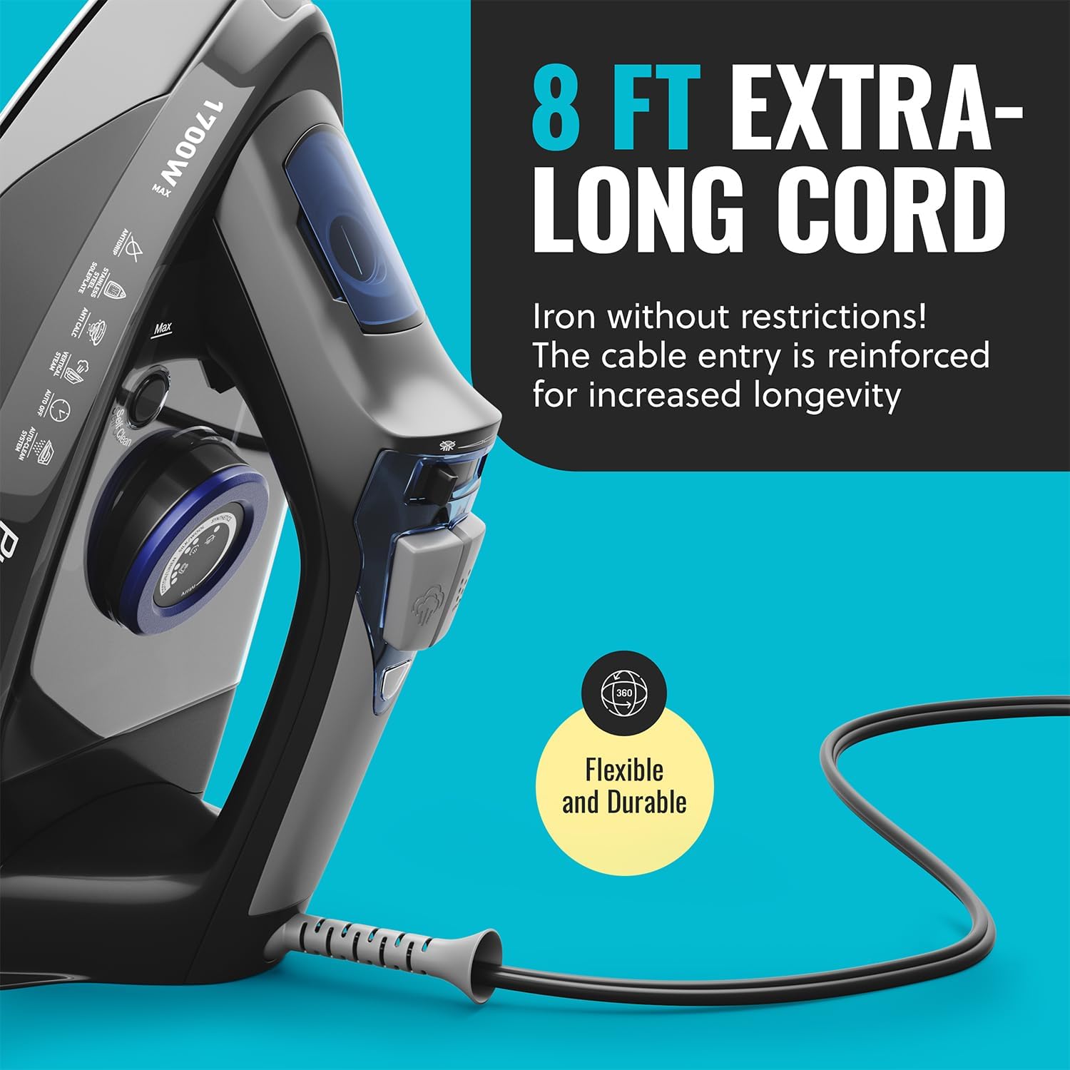 Pursteam Steam Iron for Clothes 1700W with Self-Cleaning Nonstick Stainless Steel Soleplate, Auto