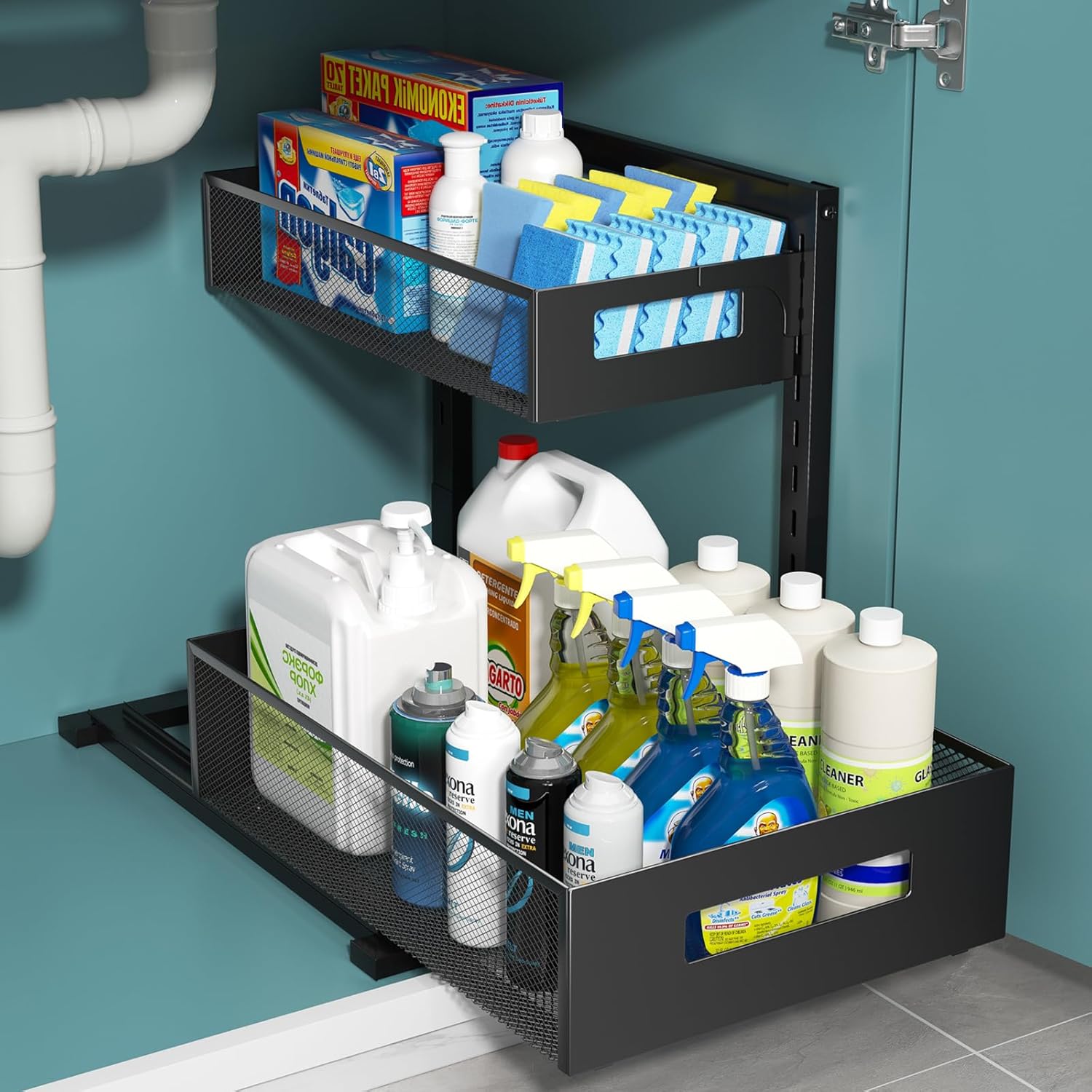 Under Sink Organizer, Metal Under Sink Organizers and Storage, Slide Out Pull Out Cabinet Organizer