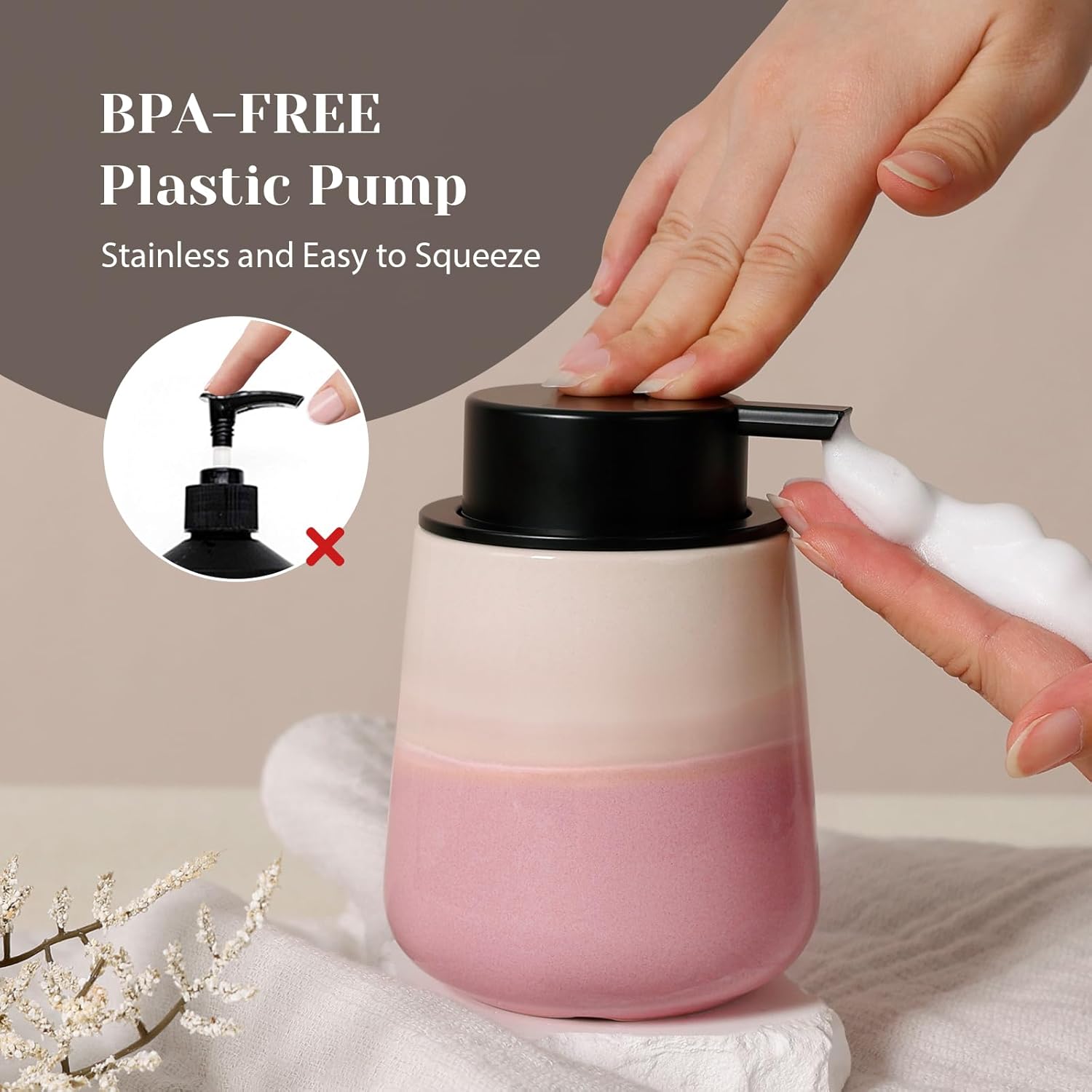 INGOFIN Ceramic Foaming Soap Dispenser - 12oz Foam Hand Soap Dispenser Bathroom, Refillable Modern